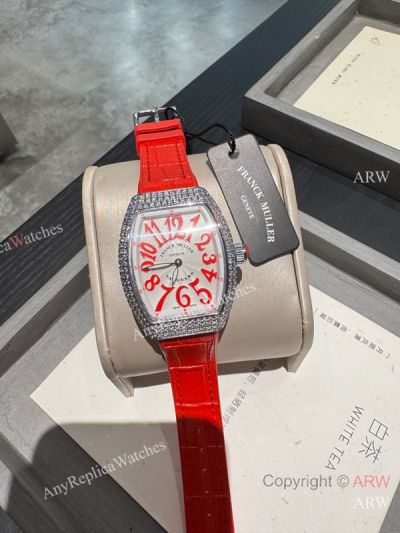 High Quality Replica Franck Muller V32 Red Rubber Strap White Face Dial Diamond-Inlaid Silver Bezel Watch 42*32mm